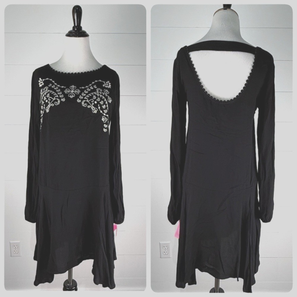 New Embroidered Boho Drop Waist Dress Jr Women M 7 9 Black Dark Fairy Witchy